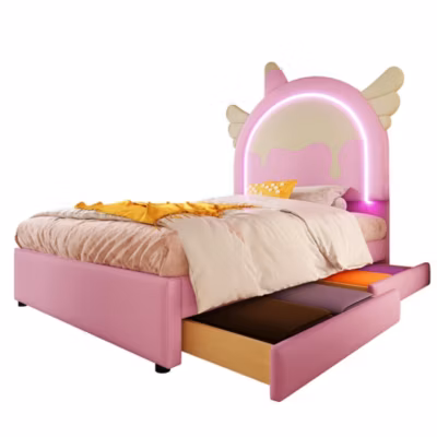 Lit 90×200 cm rose licorne 2 tiroirs bande lumineuse