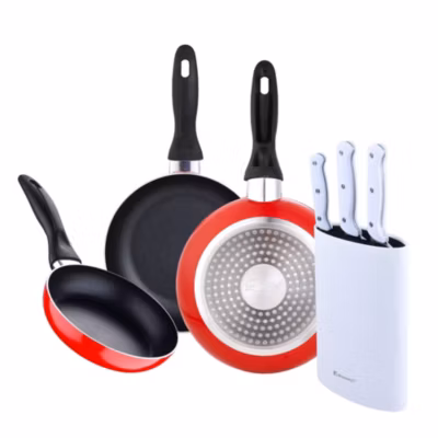 Ensemble de 3 poeles San Ignacio rouge marine 16-20-24cm avec bloc a couteaux