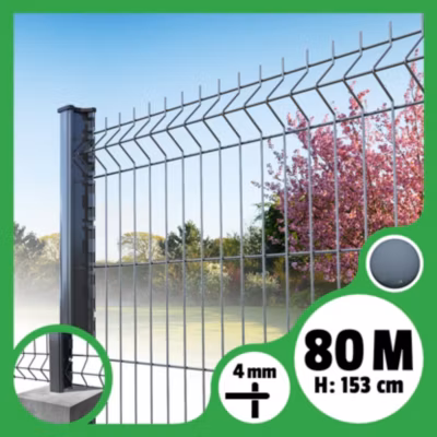 Kit grillage rigide poteaux H – longueur 80 mètres – 153 cm, Gris Anthracite, A sceller
