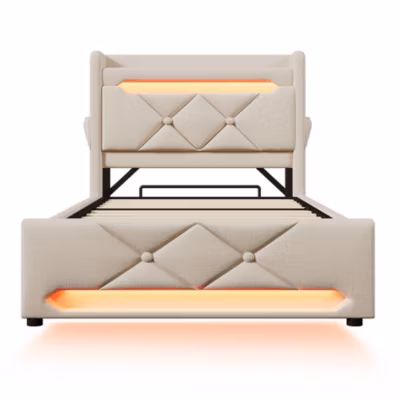 Lit simple 90x200cm, rangement tête de lit USB/Type-C, LED, hydraulique, beige lin (avec matelas)