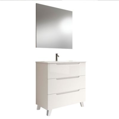 Meuble de salle de bain avec lavabo, miroir et applique LED VICTORIA 100×45 cm finition BLANC mat 3 tiroirs avec pieds Kibath