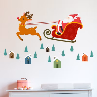 Sticker Noël le Père Noël en plein vol – Autocollants stickers adhésifs noël – décoration fêtes – 60x95cm