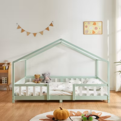 Lit d&rsquo;Enfant Forme Maison avec Grille de Protection Treviolo  200 x 120 cm Vert Menthe en.casa