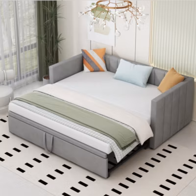 Canapé-lit 140×190 cm convertible en tissu avec coffre de rangement et design contemporain