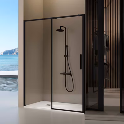 Paroi de douche coulissante DELTA – Noir Mat – 142-144.6 cm – Fermeture amortie – Réversible – Anticalcaire