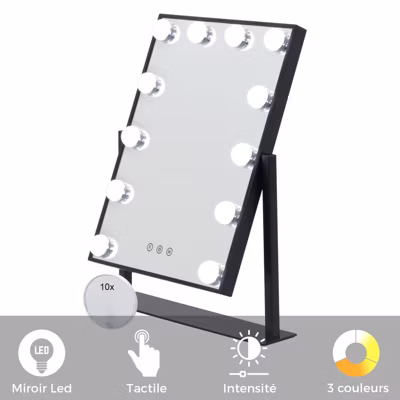 Miroir de maquillage BULB LITTLE Noir 12 LED réglables éclairage + intensité lumineuse