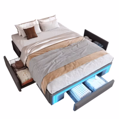Lit 140×200 cm avec tiroirs et LED, cadre tapissé PU gris sans tête pour personnaliser le style