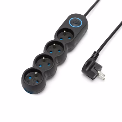 Multiprise française 4x16A, avec interrupteur, câble 1,5m, H05VV-F3G1.0MM2, CE, NF. Noir