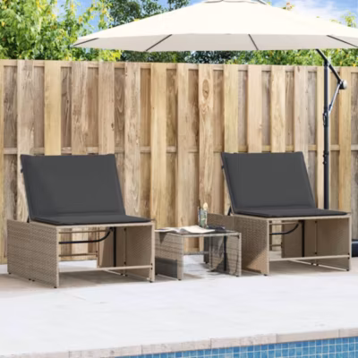 Chaises longues 2 pièces avec table,Bain de soleil,Transat de relaxation en résine tressée grise
