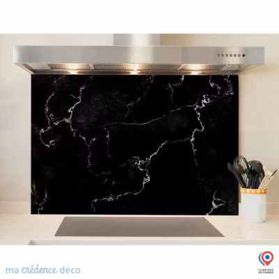 Crédence cuisine fond de hotte Marbre noir de Trieste – Verre trempé – L 90 cm x H 60 cm – MaCrédenceDéco
