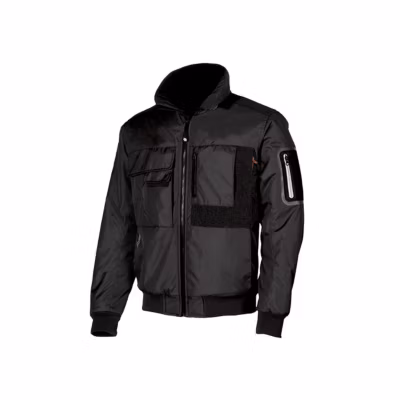 Blouson de travail 12059 MATE HY108BC noir – multipoches zippées/velcro, poche manche étanche, capuche, liserets réfléchissants.