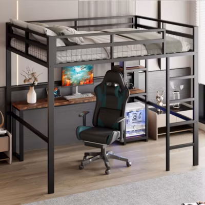 Lit mezzanine 140×200 cm avec bureau integre etageres multiples et prise USB Type C structure metal