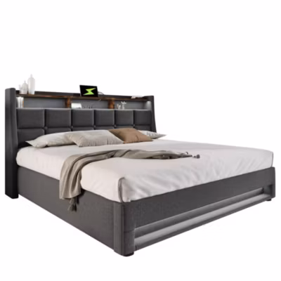 Lit 160×200 cm avec coffre relevable et LED multicolore, USB intégré, tête de lit rembourrée en lin, style vintage gris