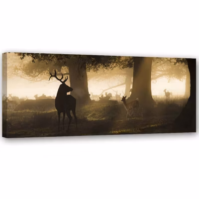 Tableau sur toile, Cerfs dans la forêt Brouillard Marron 150×50 cm