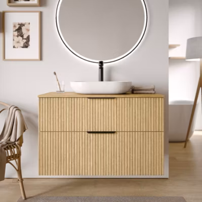 Meuble sous vasque suspendu MDF Chêne strié 100x46x62cm, Plan lavabo Blanc mat + 2 tiroirs poignée Chrome – TIM100