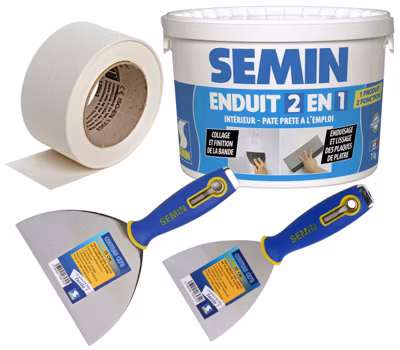 Bande joint papier Semin, 23 m, Enduit 2 en 1, Seau de 7 kg, Couteau à Enduire 10 cm et 15 cm