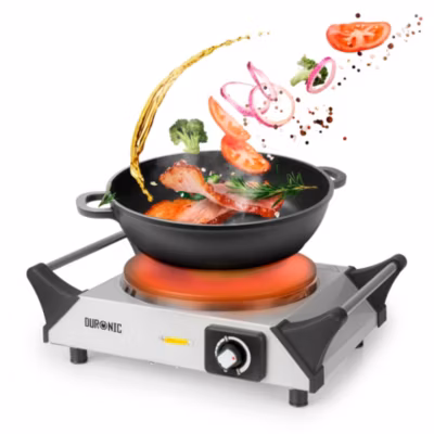 HP1 SS Plaque de cuisson électrique 1500W Foyer de 20 cm Poignées ergonomiques Thermostat Camping Réchaud Caravane Duronic