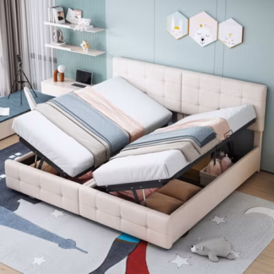 Canapé-lit 180×200 cm convertible avec coffre hydraulique, tête de lit réglable en velours beige 2-en-1
