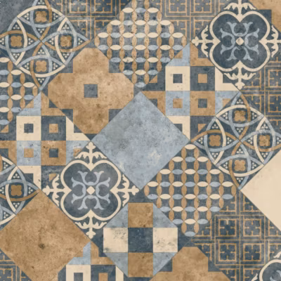 Sol PVC Textile Carreaux Art Déco Marron et Bleu – Rouleau de 3m x 21m