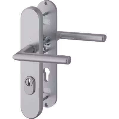 Poignée de porte sur plaque blindé – Stockholm ES1 – Hoppe – Aspect inox – Clè I – Avec protecteur de cylindre