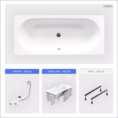 Baignoire rectangulaire – 150 x 75 cm – avec Habillage – Pieds – Vidage Chrome – VITAE SLIM