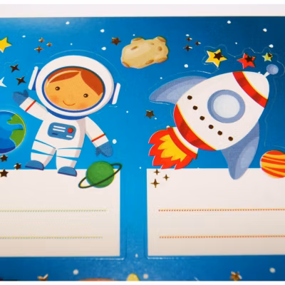 16 étiquettes adhésives scolaires – Rectangle – Astronautes dans l&rsquo;espace – Dorures