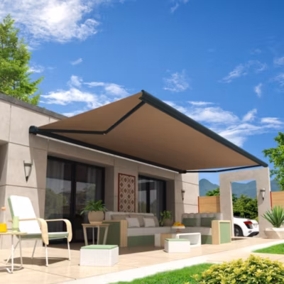 Store banne coffre intégral HEVOA 5,00×3,50 M (Manuel – Armature gris anthracite – Toile taupe)
