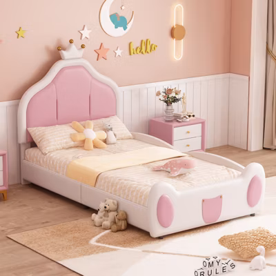 Lit simple 90×200 cm enfant, sommier à lattes, tête de lit moulure couronnée, patchwork bicolore, simili cuir blanc