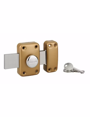 Verrou à bouton Apache pour porte de garage, cylindre 40mm, pêne 160mm, acier, 3 clés, époxy or – THIRARD