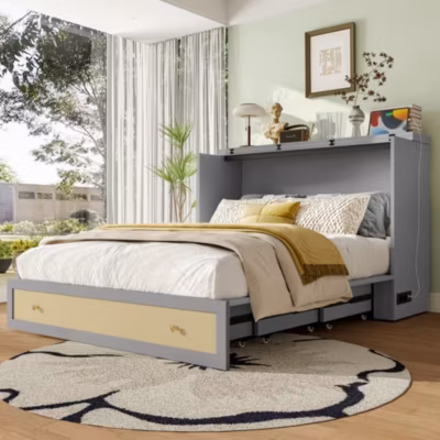 Lit 140×200 cm transformable en armoire, avec tiroirs de rangement et prise USB intégrée, finition grise MDF