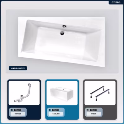 Baignoire asymétrique – 170 x 110 cm – Droite – avec Tablier Blanc – Pieds – Vidage Chrome – INFINITY