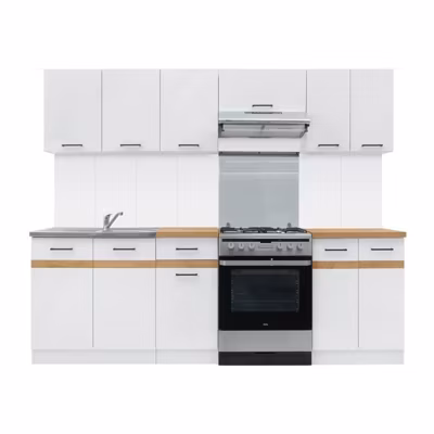 JUNONA Cuisine complete 240cm – 7 élements – Plan de travail inclus – Blanc brillant