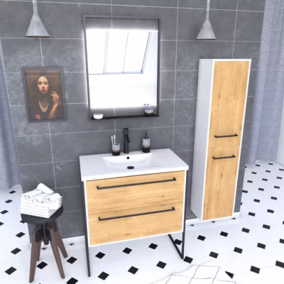 Meuble Salle de Bains 80 cm, Vasque Blanche, Miroir Led et Colonne – Blanc et Chêne – STRUCTURA