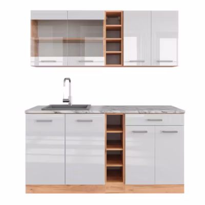 Vicco Cuisine Blanc brillant/Chêne doré 160cm , PT Marbre