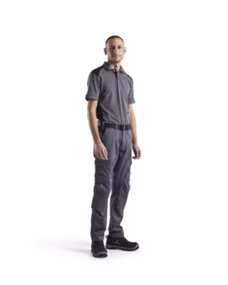 Pantalon industrie stretch 2D Gris moyen/Noir – poches genouillères, taille élastiquée, poches téléphone et mètre