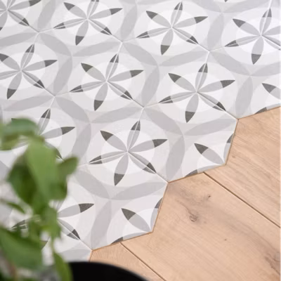 Carrelage sol / mur hexagonal motif fleur gris 17,5×20 cm HEXATILE NATURE B&W