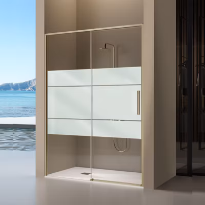 Paroi de douche coulissante DELTA – Doré (Or Brossé) – Sérigraphié – 128-130.6 cm – Fermeture amortie – Réversible – Anticalcaire
