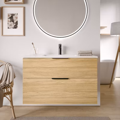 Meuble vasque Beige de salle de bain 100x46x62cm (LxPxH) + vasque céramique, 2 tiroirs, Poignées Chrome – TIM100