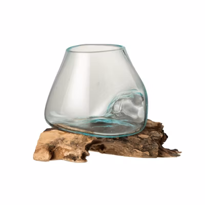 Vase en verre sur socle bois 20x16X20 cm
