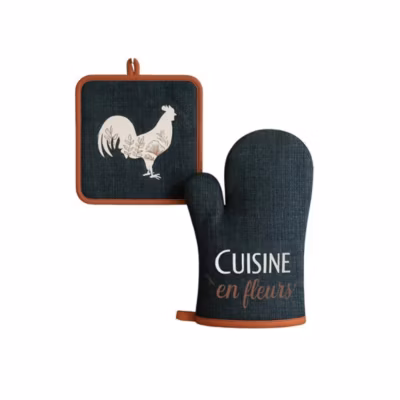 Gant et manique de cuisine Coq et fleurs