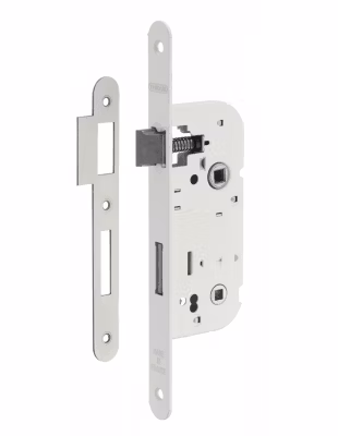 Serrure encastrable à condamnation pour salle de bain et toilette, axe 40mm, bouts ronds, blanc – THIRARD