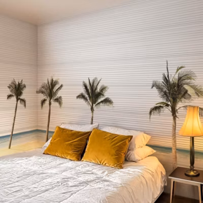 Papier peint panoramique d&rsquo;un horizon de plage avec des palmiers – 85×260 cm (l x h)
