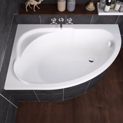 Baignoire asymétrique 130 x 85 Gauche STANDARD acrylique blanc + Habillage en polystyrène + Pieds + Vidage à chromé