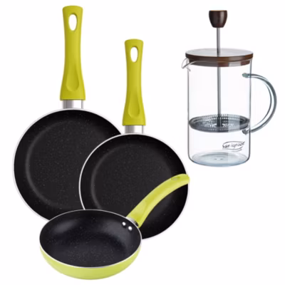 Ensemble de 3 poeles a frire San Ignacio Molen 20-24-28cm avec cafetière a piston