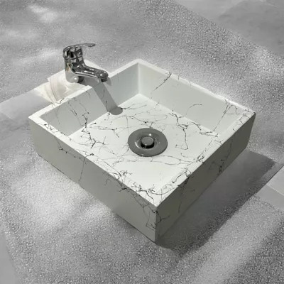 Vasque en béton blanc marbre 32×32 ,fabriqué artisanalement en France par Gakeal