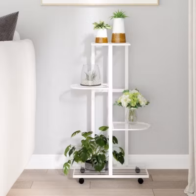343116 vidaXL Jardinière à 4 niveaux avec roues 44x23x80 cm Blanc Fer