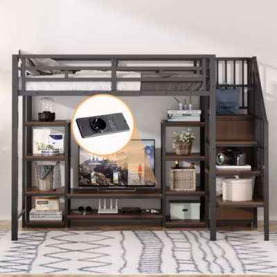 Lit Mezzanine Métal 90×200 cm enfant avec Escalier Sécurisé, Rangement et Support TV – Noir