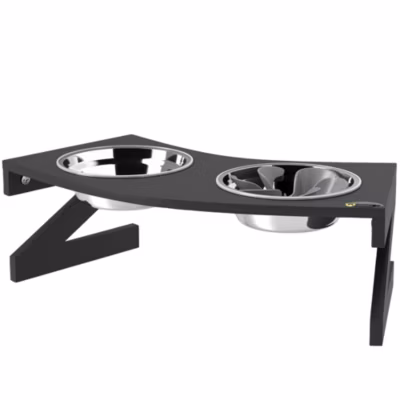 Porte-gamelles surélevé 2 écuelles une anti-glouton acier inox MDF noir