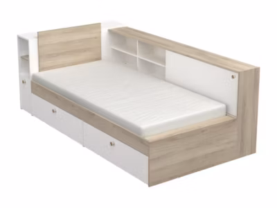 Lit modulable 90 x 190/200 cm avec rangements – Blanc et naturel – LIARA
