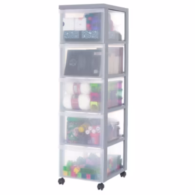 Iris Ohyama, Tour de rangement plastique sur roulettes A4, 5 Grands Tiroirs, Gris, DC-305